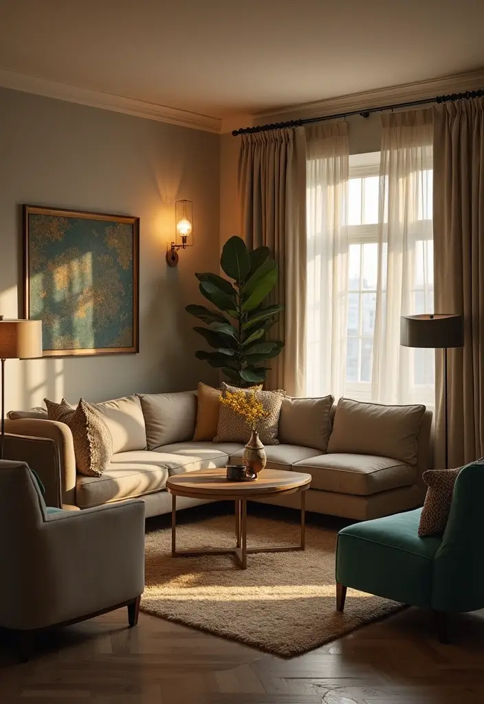 26 Teal and Beige Living Room Ideas That Feel Balanced and Warm - 10. Layered Lighting Effects