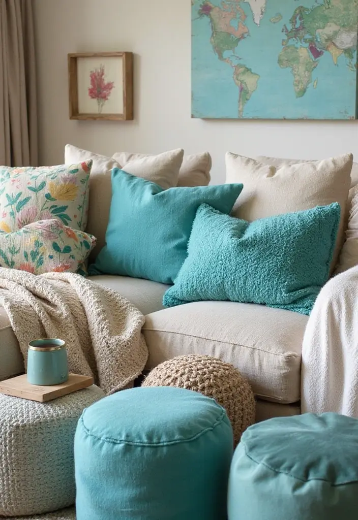26 Teal and Beige Living Room Ideas That Feel Balanced and Warm - 12. Playful Pillows and Throws