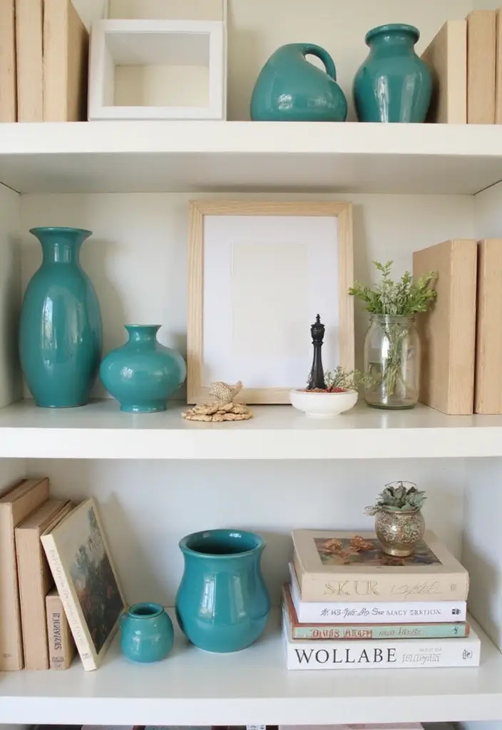 26 Teal and Beige Living Room Ideas That Feel Balanced and Warm - 13. Creative Use of Shelving