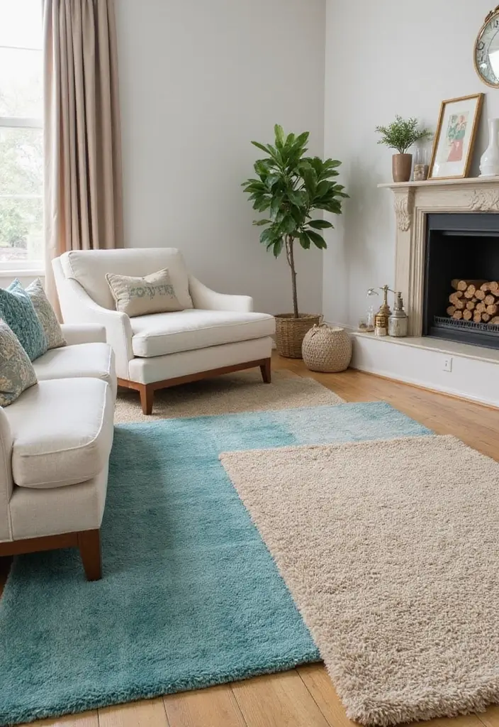 26 Teal and Beige Living Room Ideas That Feel Balanced and Warm - 14. Layered Rugs for Depth