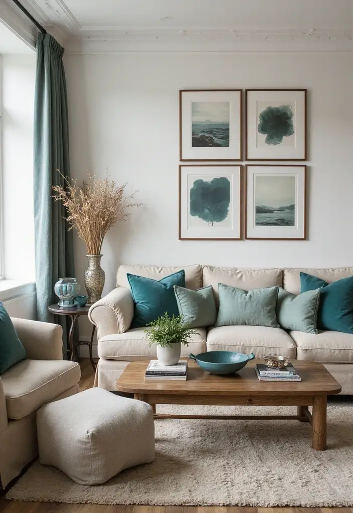 26 Teal and Beige Living Room Ideas That Feel Balanced and Warm - 15. Timeless Teal Accents