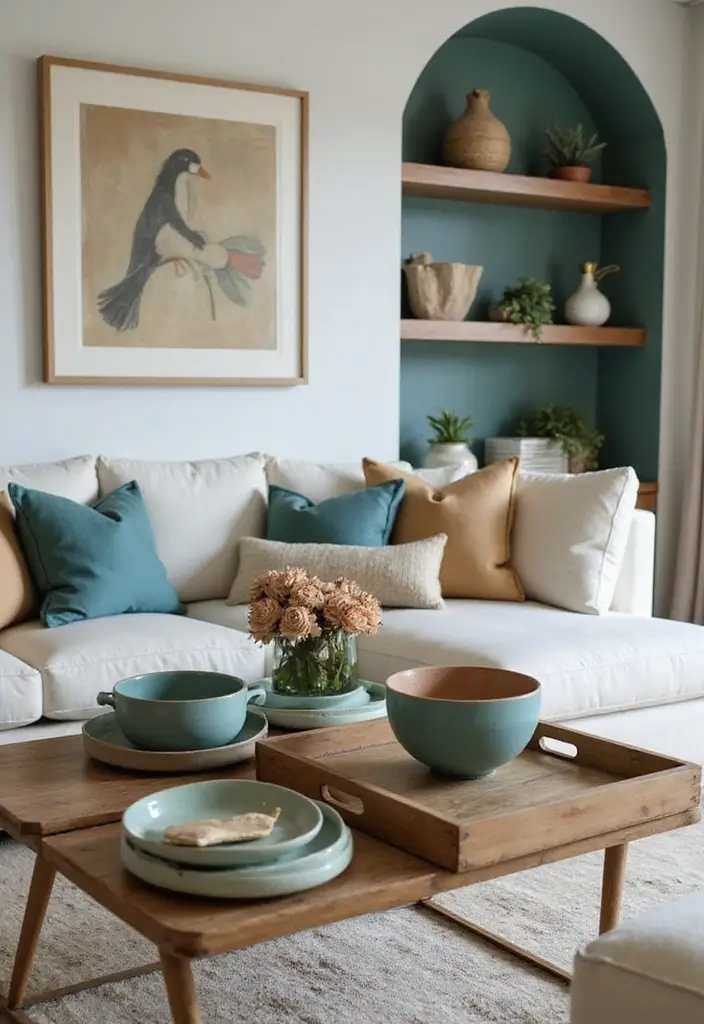 26 Teal and Beige Living Room Ideas That Feel Balanced and Warm - 18. Decorative Trays and Bowls
