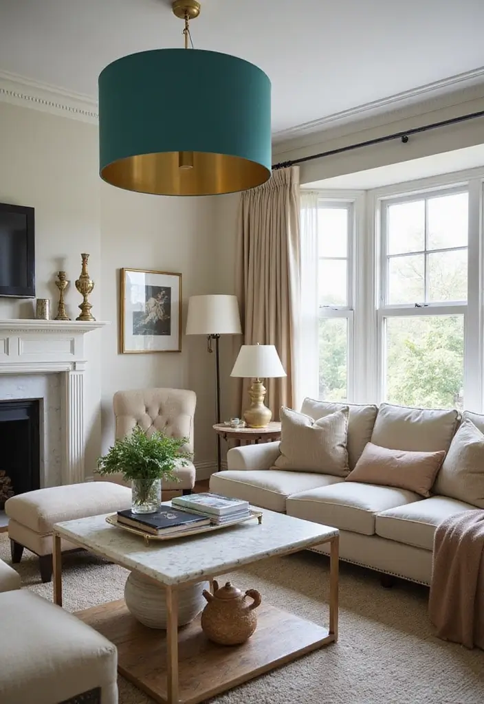 26 Teal and Beige Living Room Ideas That Feel Balanced and Warm - 19. Statement Lighting Fixtures