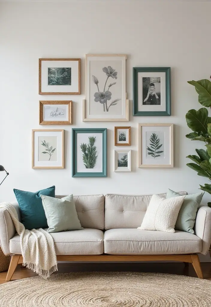 26 Teal and Beige Living Room Ideas That Feel Balanced and Warm - 20. Personal Gallery Walls