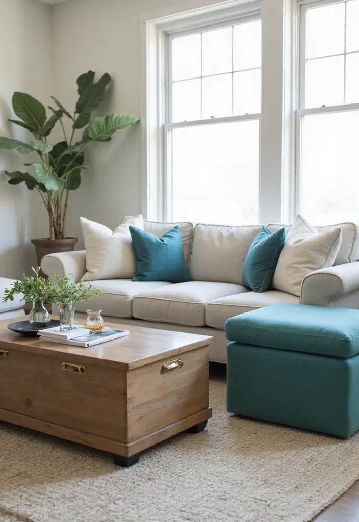 26 Teal and Beige Living Room Ideas That Feel Balanced and Warm - 23. Functional Furniture Pieces