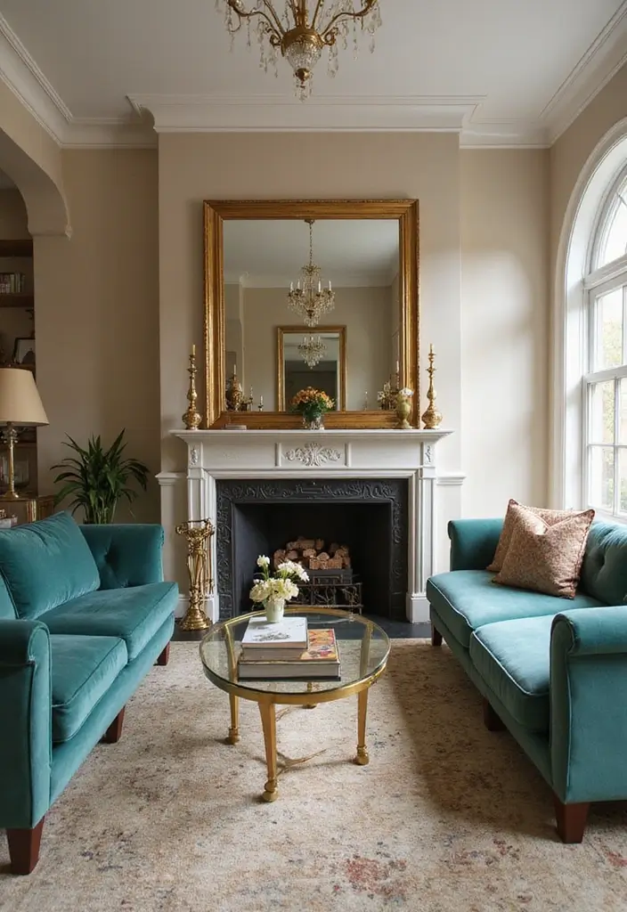 26 Teal and Beige Living Room Ideas That Feel Balanced and Warm - 26. Timeless Elegance with Gold Accents
