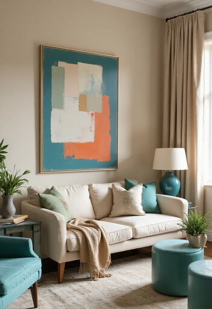 26 Teal and Beige Living Room Ideas That Feel Balanced and Warm - 3. Bold Artwork Against Subtle Backgrounds