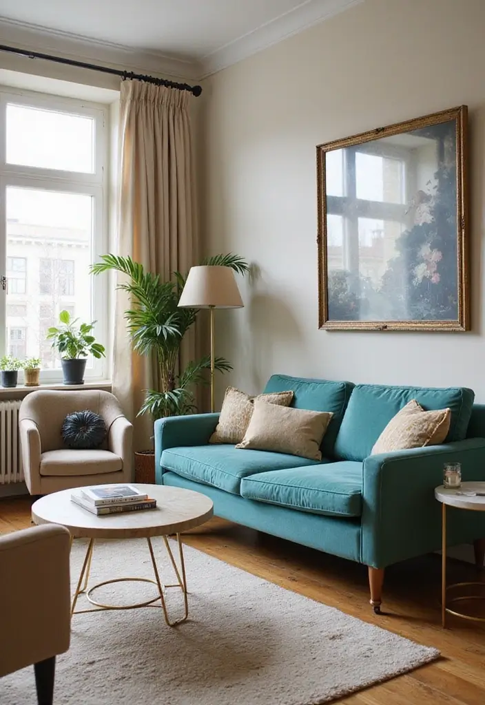 26 Teal and Beige Living Room Ideas That Feel Balanced and Warm - 4. Vintage Charm with Modern Flair