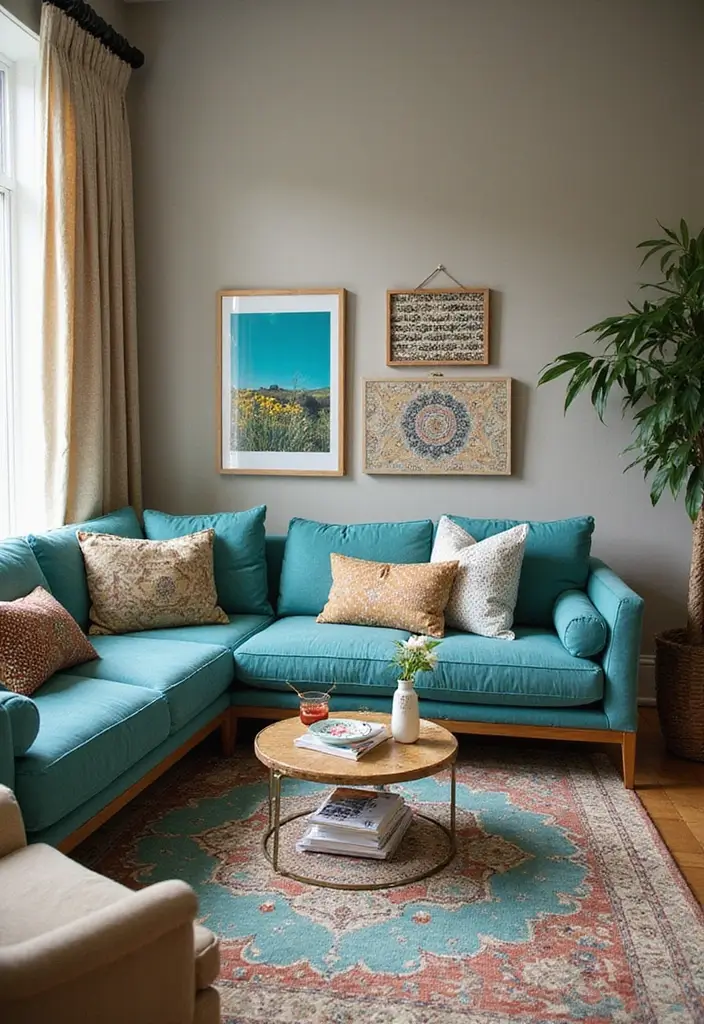 26 Teal and Beige Living Room Ideas That Feel Balanced and Warm - 6. Eclectic Mix of Patterns