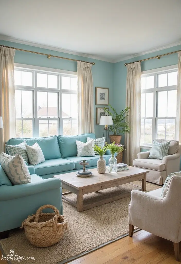 26 Teal and Beige Living Room Ideas That Feel Balanced and Warm - 8. Coastal Casual Vibes