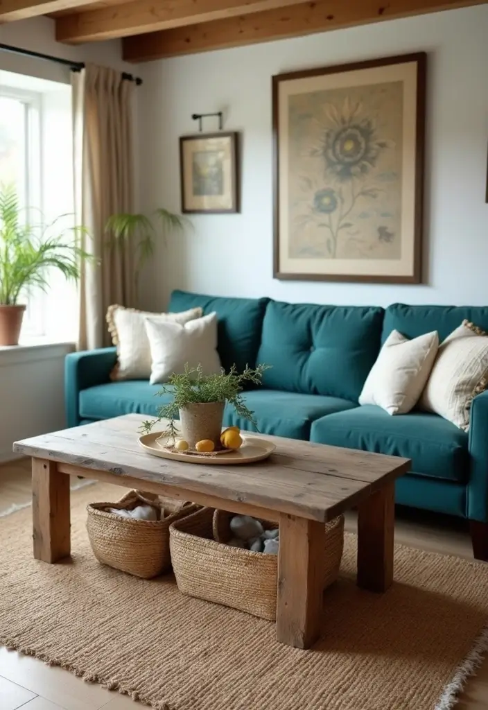 26 Teal and Beige Living Room Ideas That Feel Balanced and Warm - 9. Rustic Charm with Wood Accents