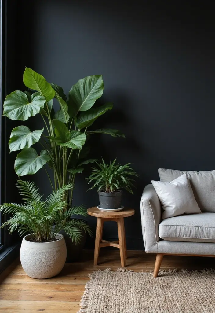 27 Black Aesthetic Living Room Ideas That Feel Bold and Minimal - 13. Incorporate Nature
