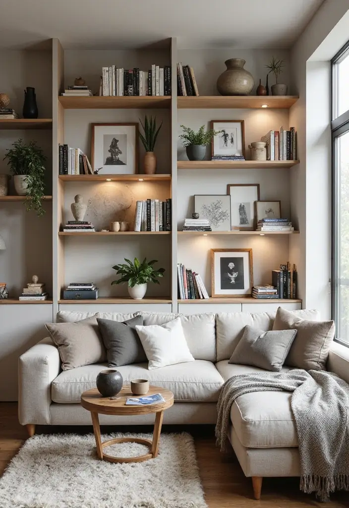 27 Black Aesthetic Living Room Ideas That Feel Bold and Minimal - 14. Creative Shelving