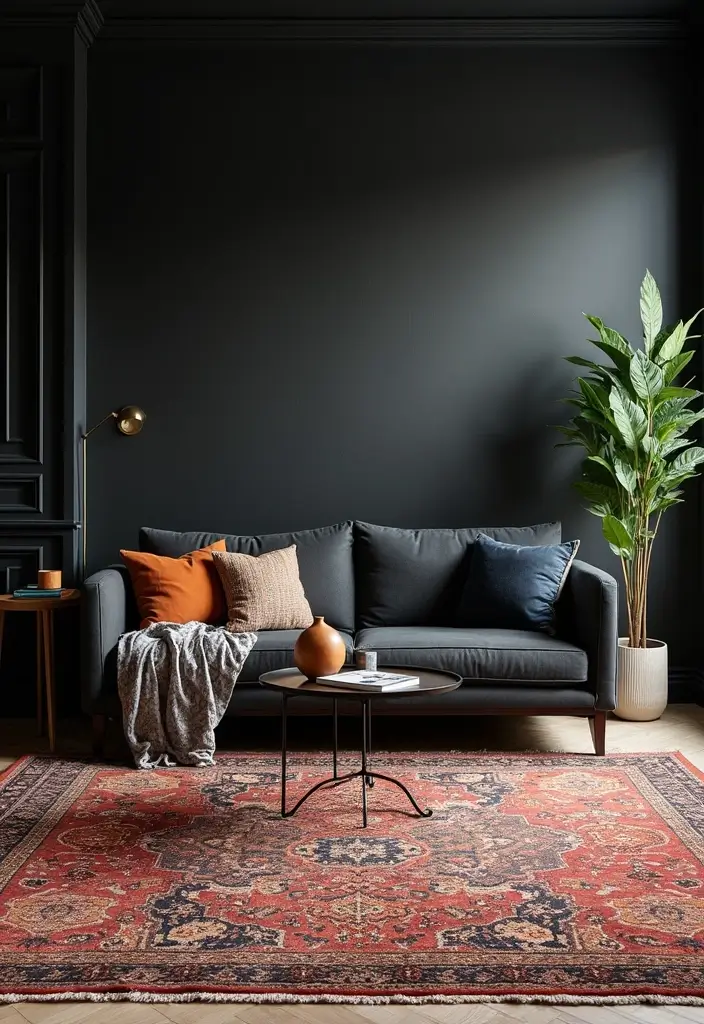 27 Black Aesthetic Living Room Ideas That Feel Bold and Minimal - 15. Statement Rugs