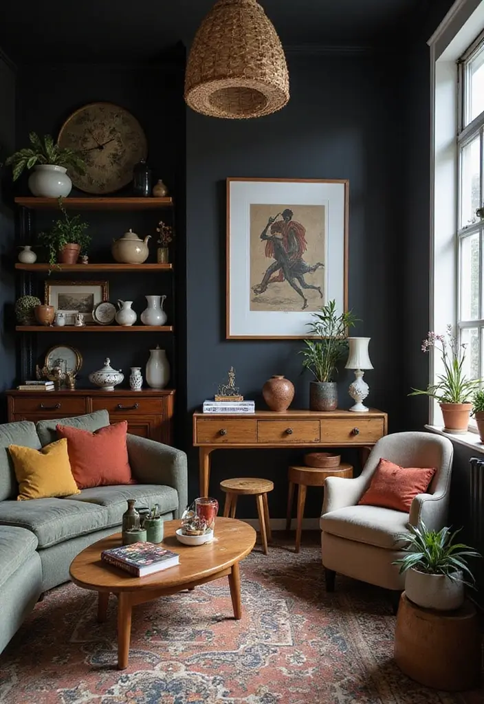 27 Black Aesthetic Living Room Ideas That Feel Bold and Minimal - 18. Vintage Finds