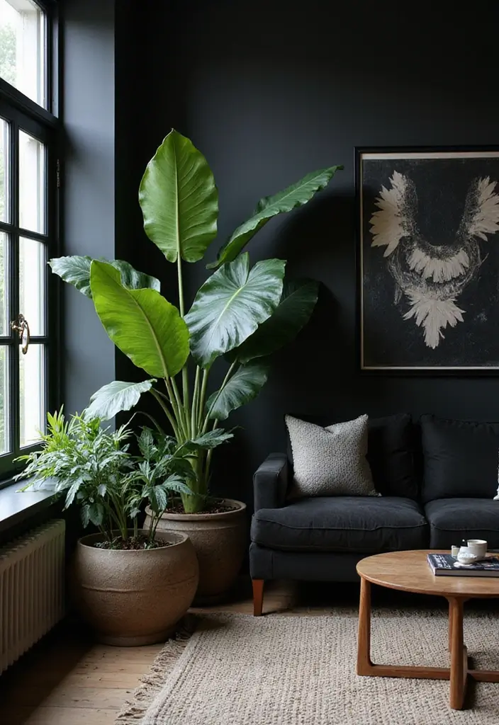 27 Black Aesthetic Living Room Ideas That Feel Bold and Minimal - 19. Large-Scale Plants