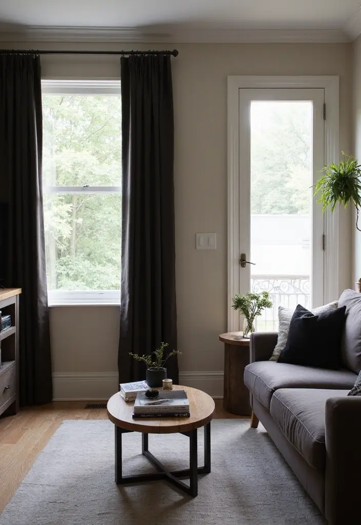 27 Black Aesthetic Living Room Ideas That Feel Bold and Minimal - 20. Custom Window Treatments