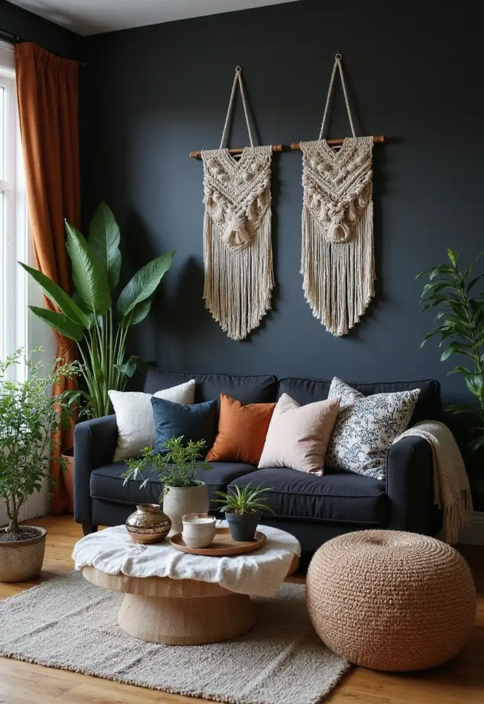 27 Black Aesthetic Living Room Ideas That Feel Bold and Minimal - 6. Cozy Bohemian Accents