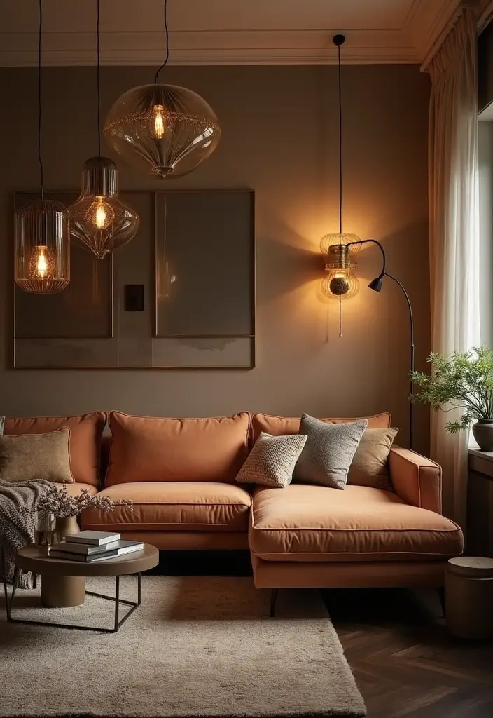 27 Black Aesthetic Living Room Ideas That Feel Bold and Minimal - 7. Statement Lighting