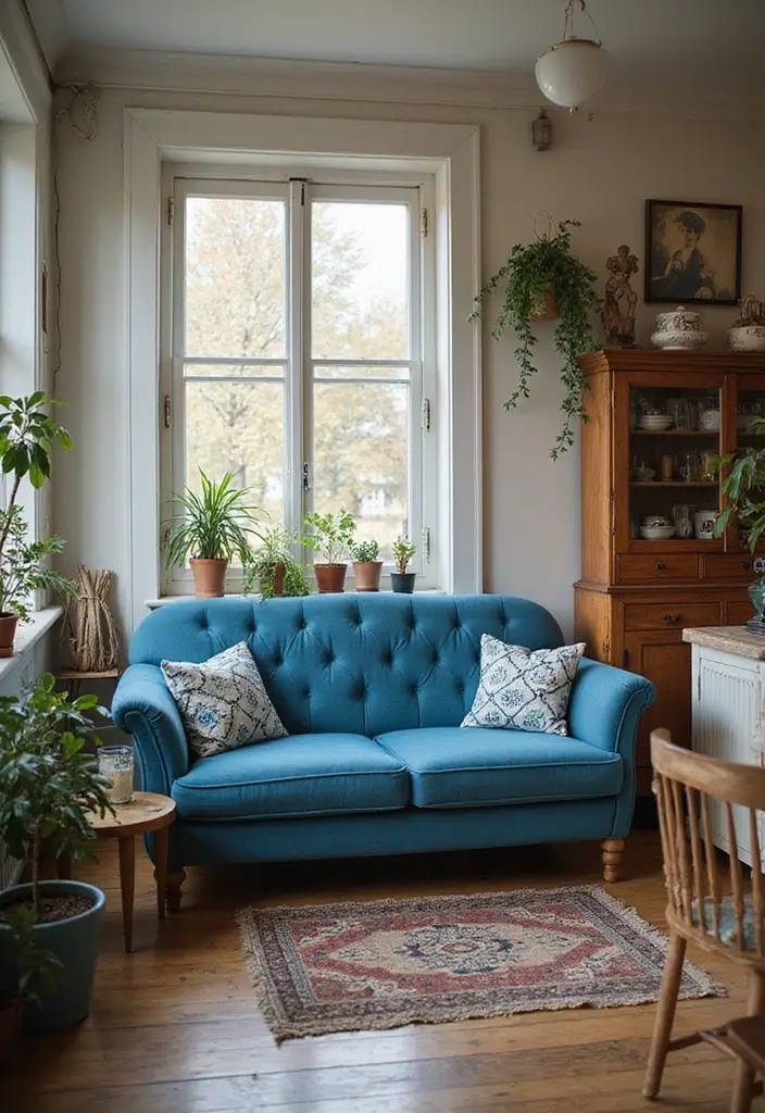 27 Blue Sofa Living Room Ideas That Feel Cool and Relaxed - 11. Vintage Finds