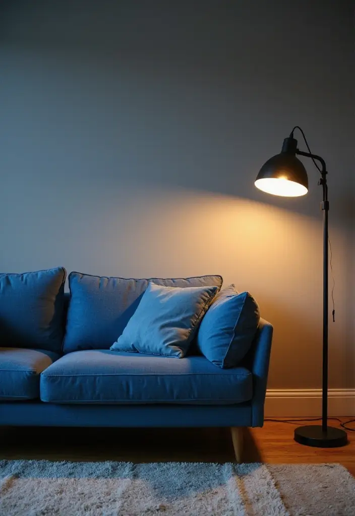 27 Blue Sofa Living Room Ideas That Feel Cool and Relaxed - 12. Layered Lighting