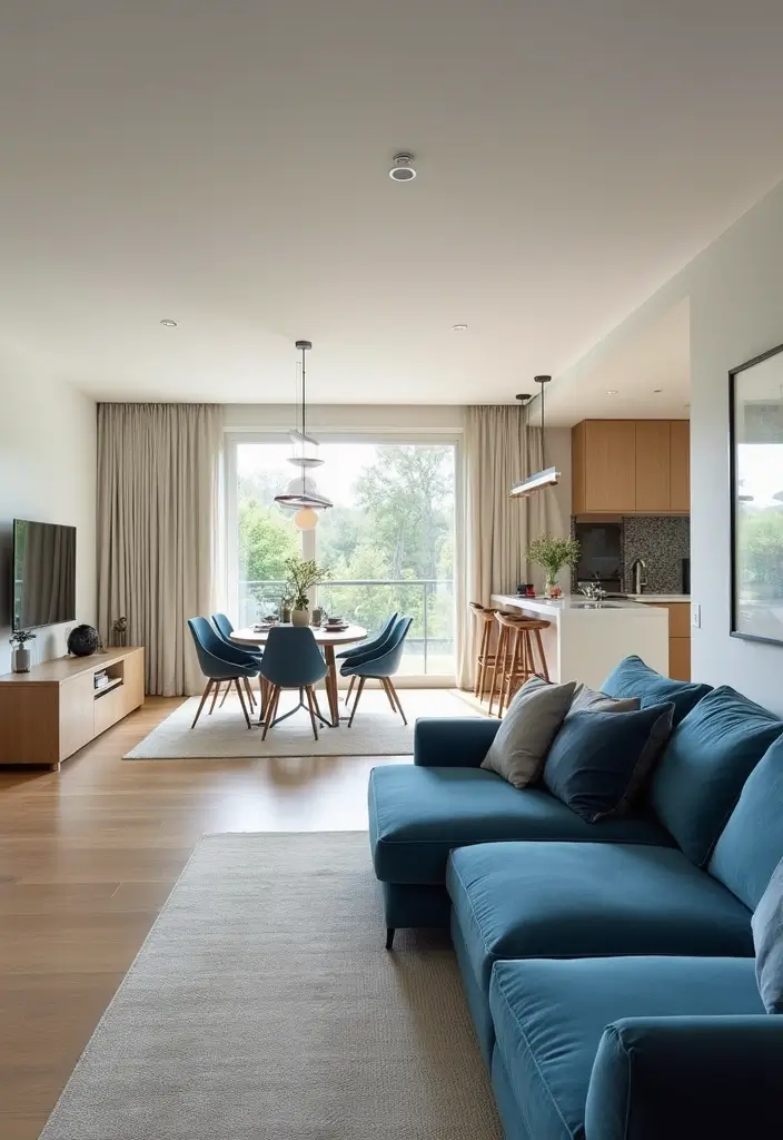 27 Blue Sofa Living Room Ideas That Feel Cool and Relaxed - 13. Open Floor Plan