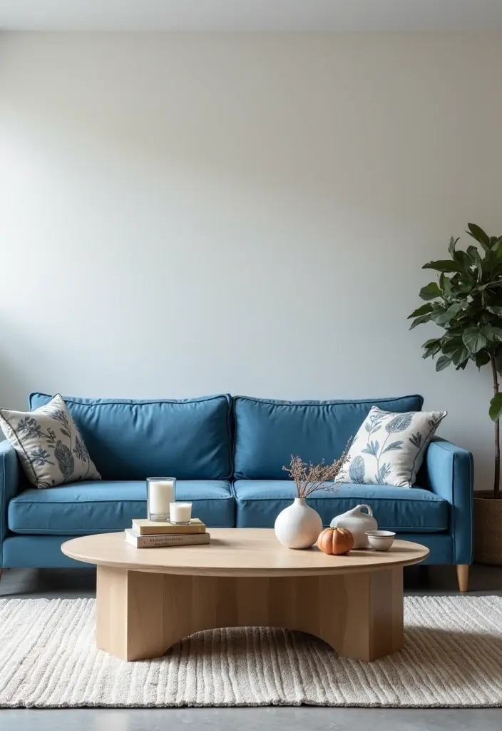 27 Blue Sofa Living Room Ideas That Feel Cool and Relaxed - 15. Simple Centerpiece