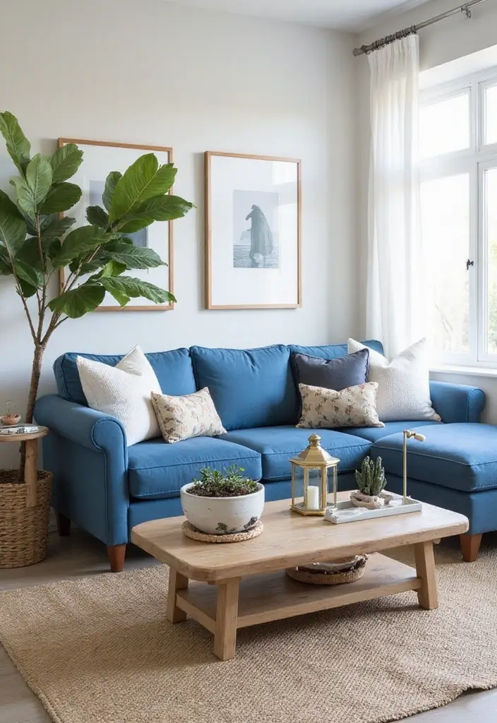 27 Blue Sofa Living Room Ideas That Feel Cool and Relaxed - 19. Outdoor-Inspired Decor
