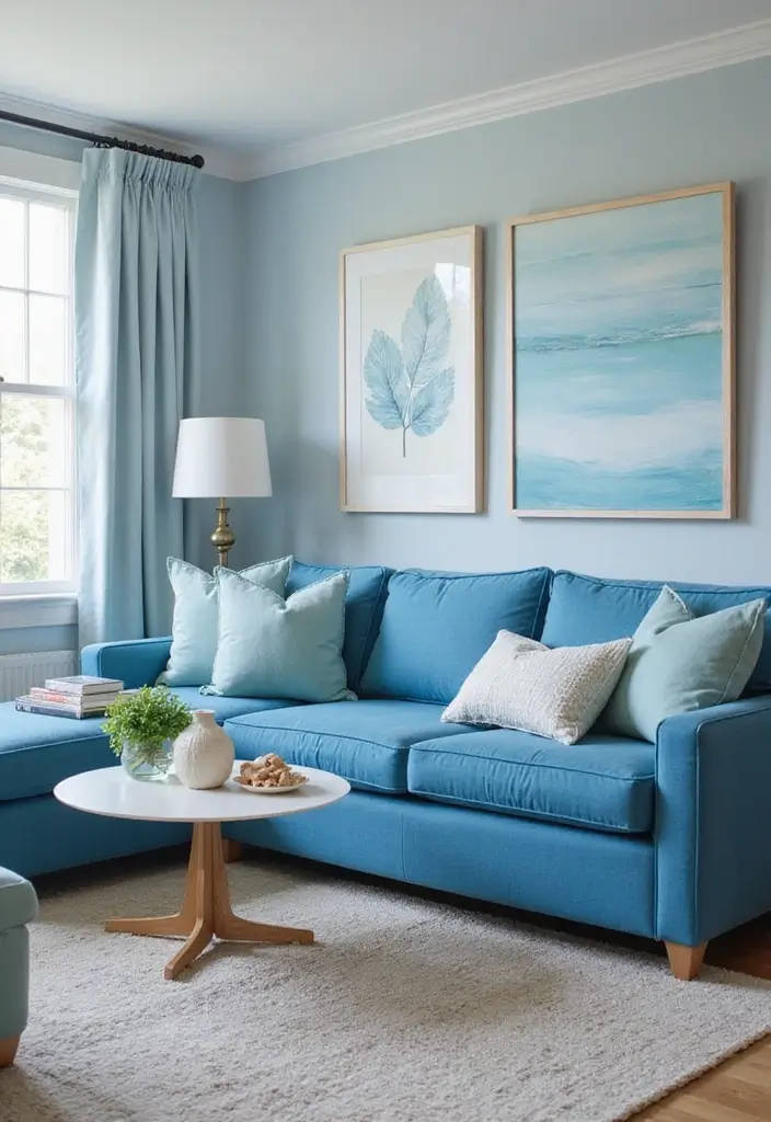 27 Blue Sofa Living Room Ideas That Feel Cool and Relaxed - 2. Beachy Blues