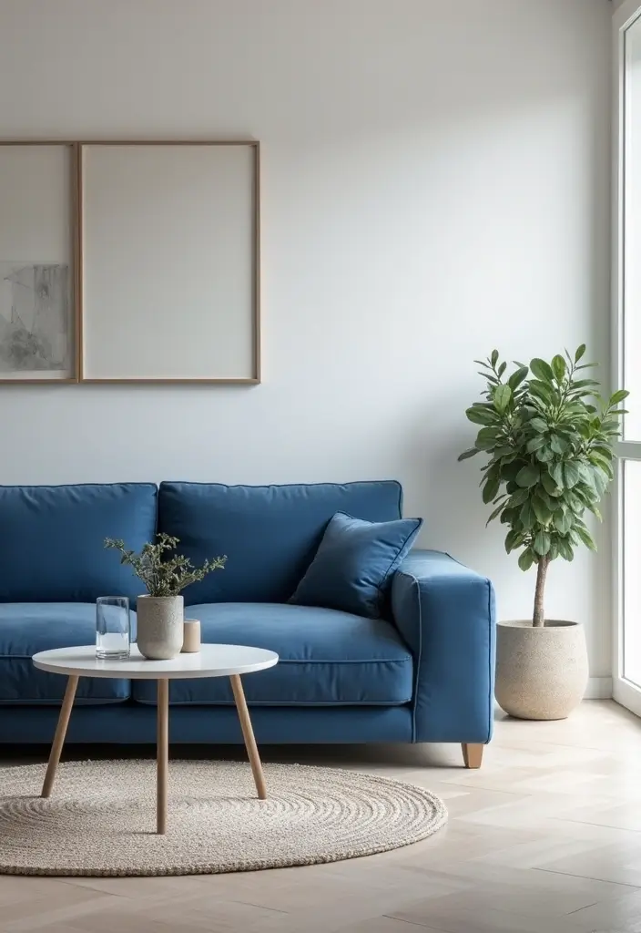 27 Blue Sofa Living Room Ideas That Feel Cool and Relaxed - 20. Modern Minimalism