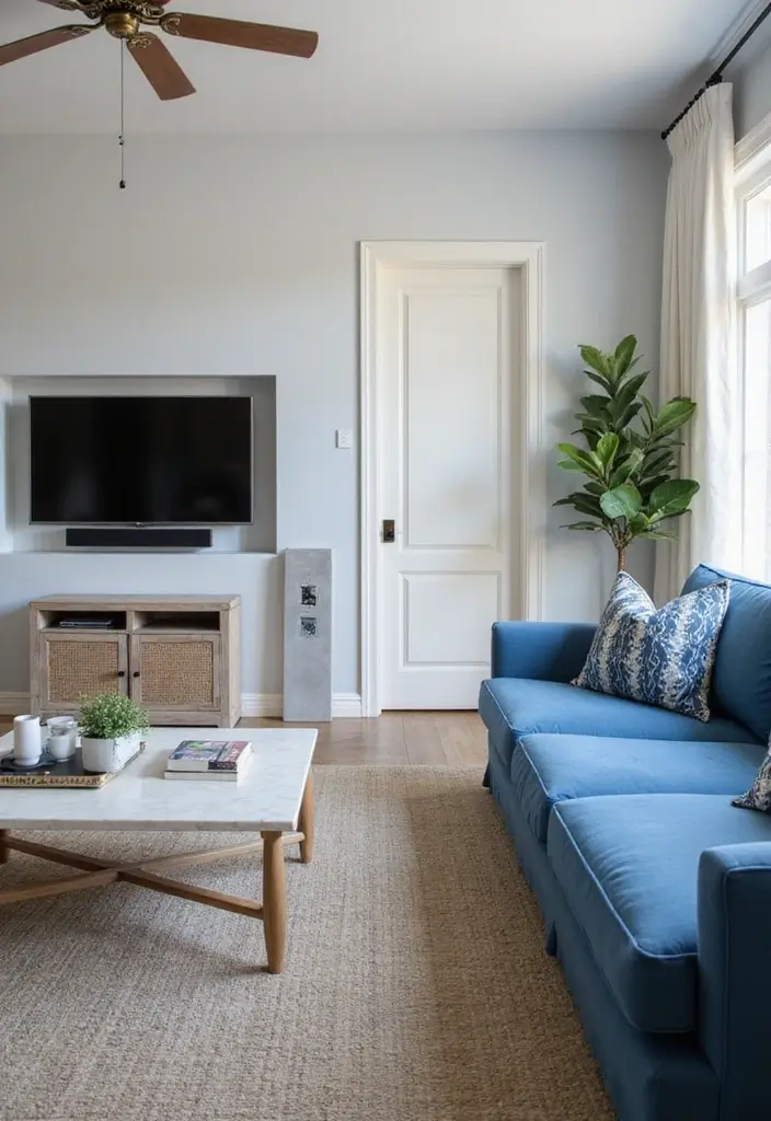 27 Blue Sofa Living Room Ideas That Feel Cool and Relaxed - 21. Integrated Technology