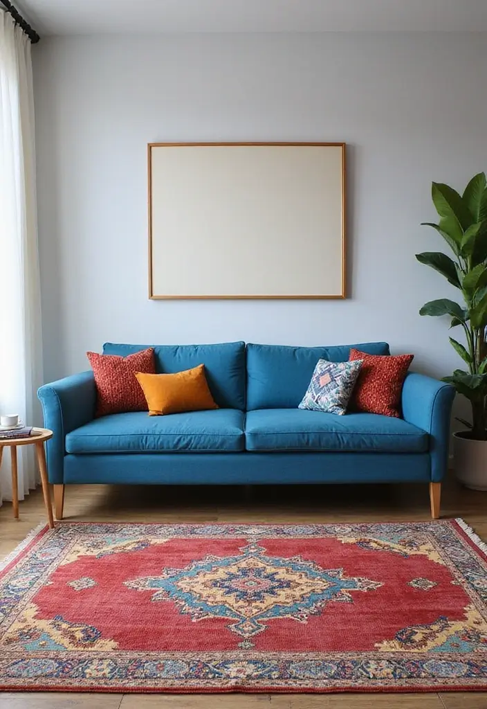 27 Blue Sofa Living Room Ideas That Feel Cool and Relaxed - 23. Colorful Rugs