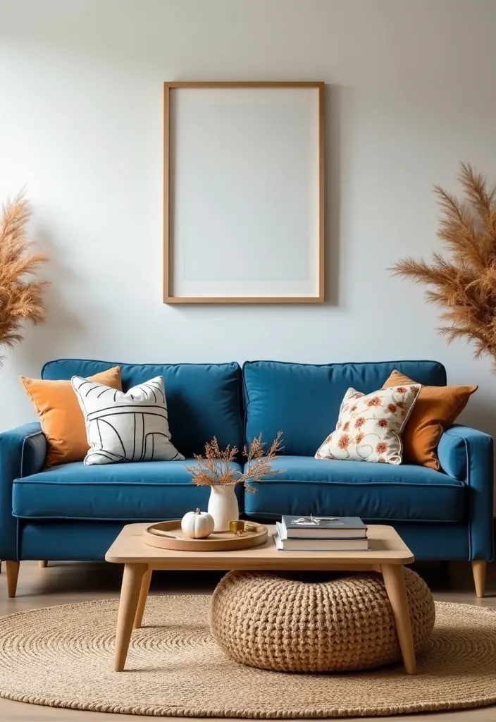 27 Blue Sofa Living Room Ideas That Feel Cool and Relaxed - 26. Seasonal Decor