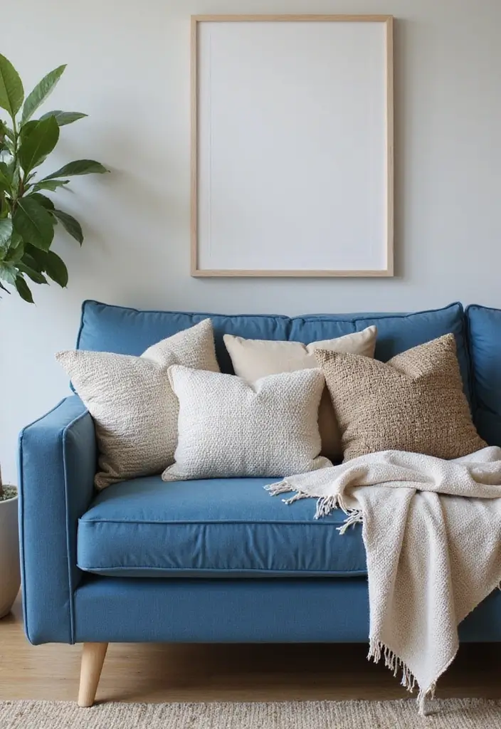 27 Blue Sofa Living Room Ideas That Feel Cool and Relaxed - 5. Soft Pillows and Throws