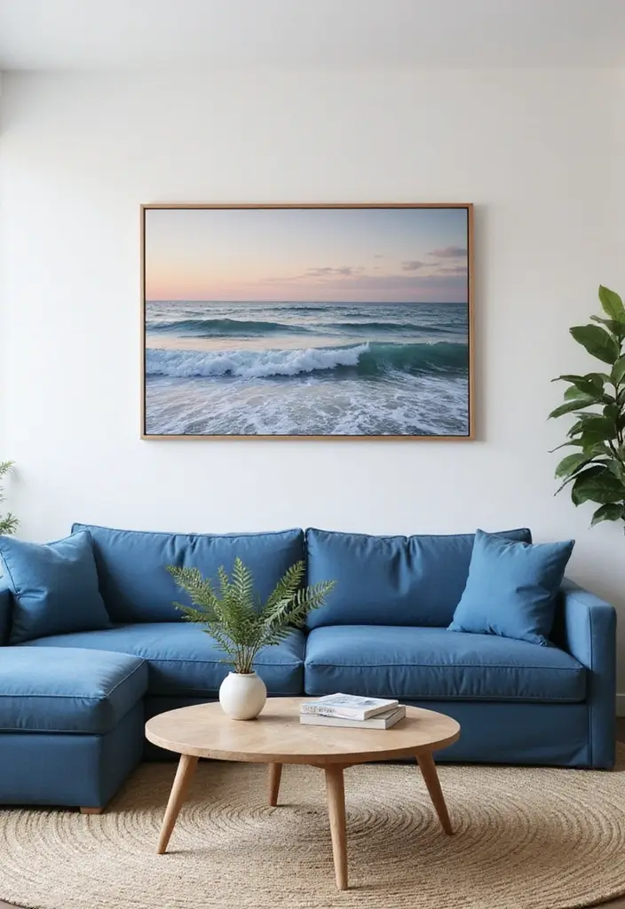 27 Blue Sofa Living Room Ideas That Feel Cool and Relaxed - 6. Coastal Artwork