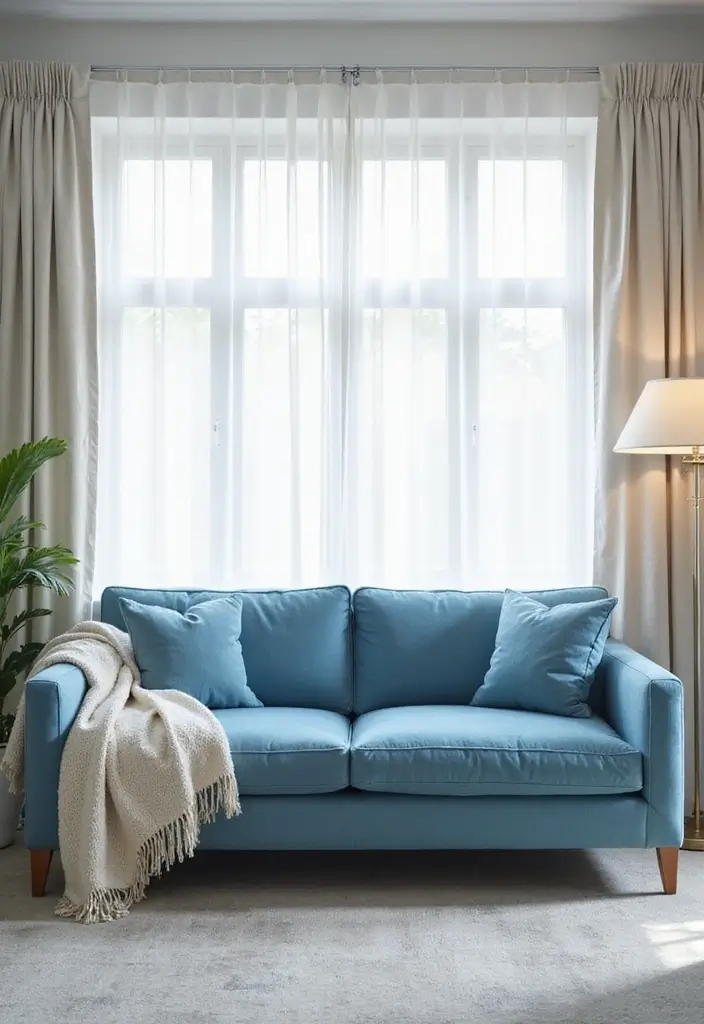 27 Blue Sofa Living Room Ideas That Feel Cool and Relaxed - 7. Light and Airy Fabrics