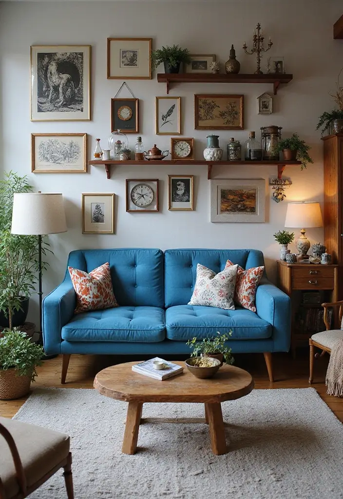 27 Blue Sofa Living Room Ideas That Feel Cool and Relaxed - 8. Eclectic Accessories