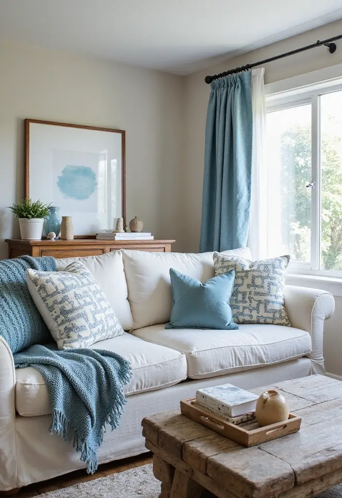 27 Blue White and Gold Living Room Ideas That Feel Elegant and Bright - 11. Blue and White Textiles
