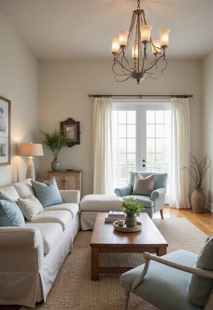 27 Blue White and Gold Living Room Ideas That Feel Elegant and Bright - 12. Layered Lighting