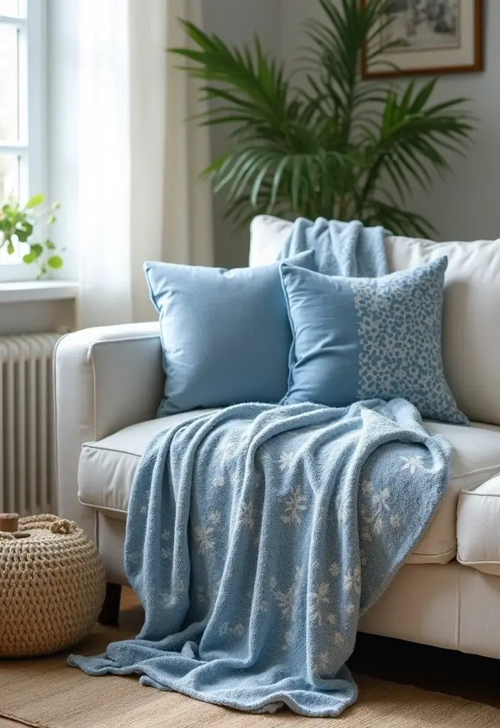 27 Blue White and Gold Living Room Ideas That Feel Elegant and Bright - 13. Coastal-Inspired Throw Blankets