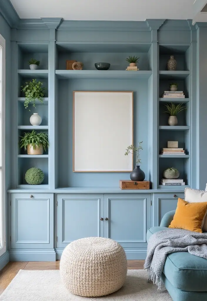 27 Blue White and Gold Living Room Ideas That Feel Elegant and Bright - 14. Built-in Shelves