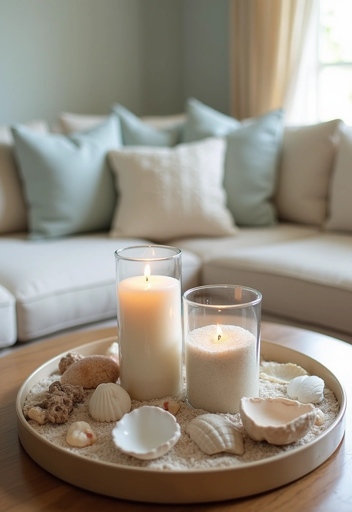 27 Blue White and Gold Living Room Ideas That Feel Elegant and Bright - 16. Ocean-Inspired Centerpieces