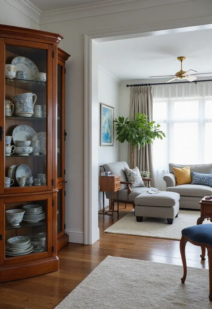 27 Blue White and Gold Living Room Ideas That Feel Elegant and Bright - 18. Gold and Blue Dinnerware Display