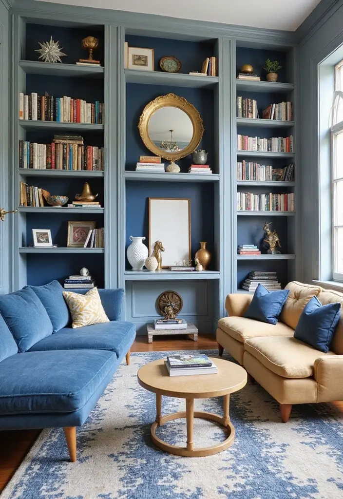 27 Blue White and Gold Living Room Ideas That Feel Elegant and Bright - 19. Eclectic Bookshelves