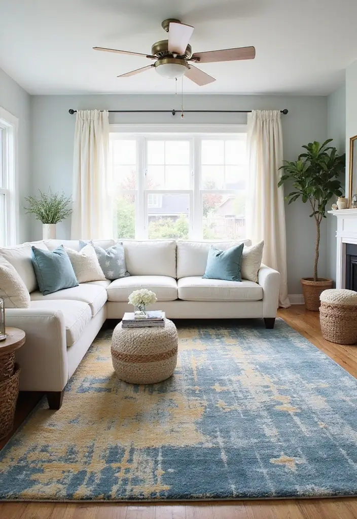 27 Blue White and Gold Living Room Ideas That Feel Elegant and Bright - 2. Plush Area Rugs
