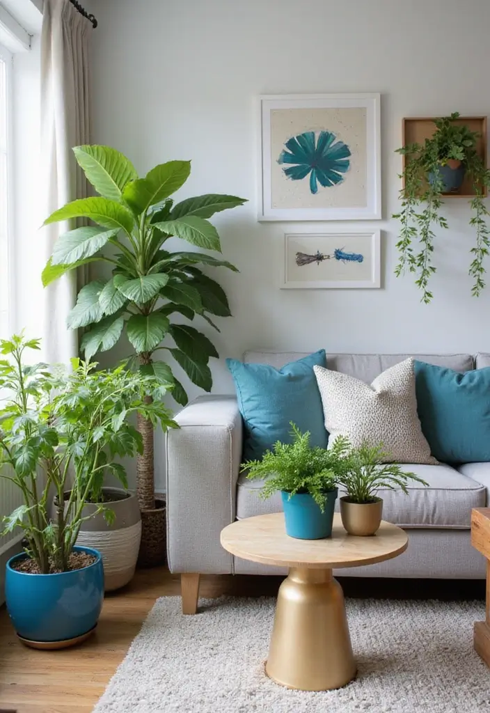 27 Blue White and Gold Living Room Ideas That Feel Elegant and Bright - 20. Indoor Plants