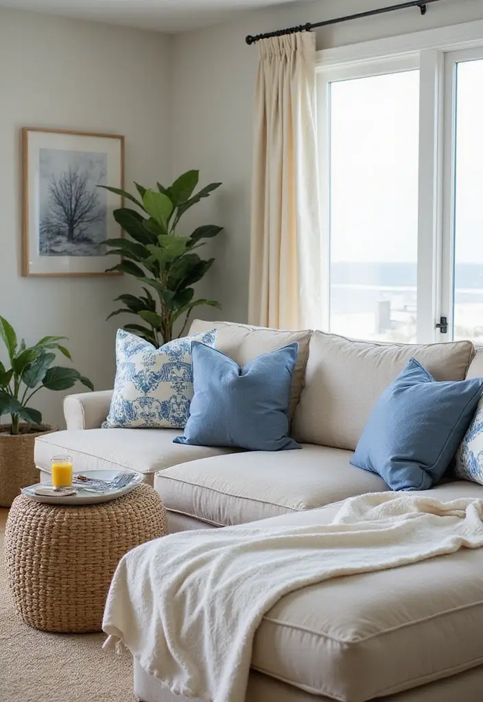 27 Blue White and Gold Living Room Ideas That Feel Elegant and Bright - 21. Coastal Throw Pillows