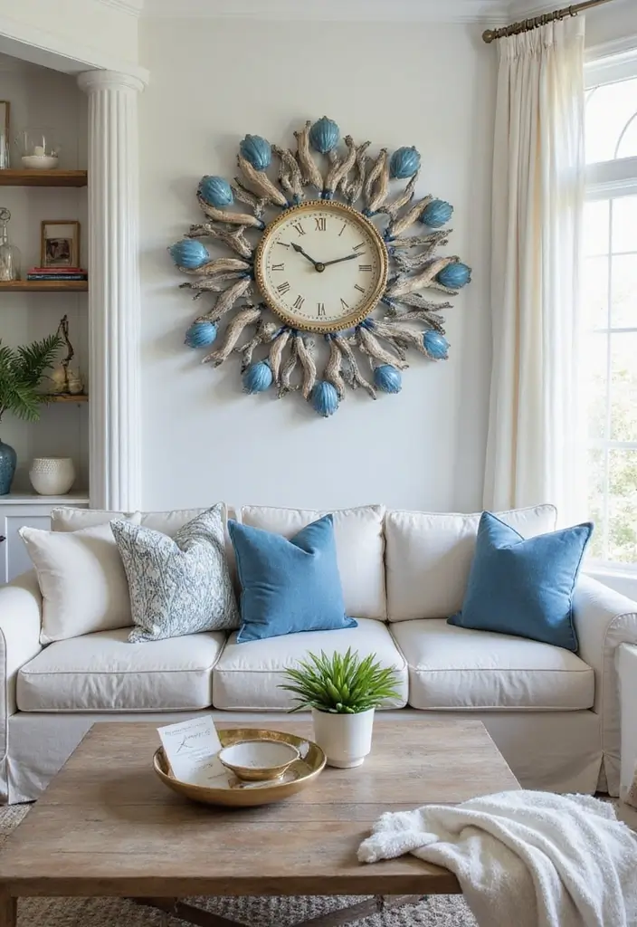 27 Blue White and Gold Living Room Ideas That Feel Elegant and Bright - 22. Coastal Themed Clock