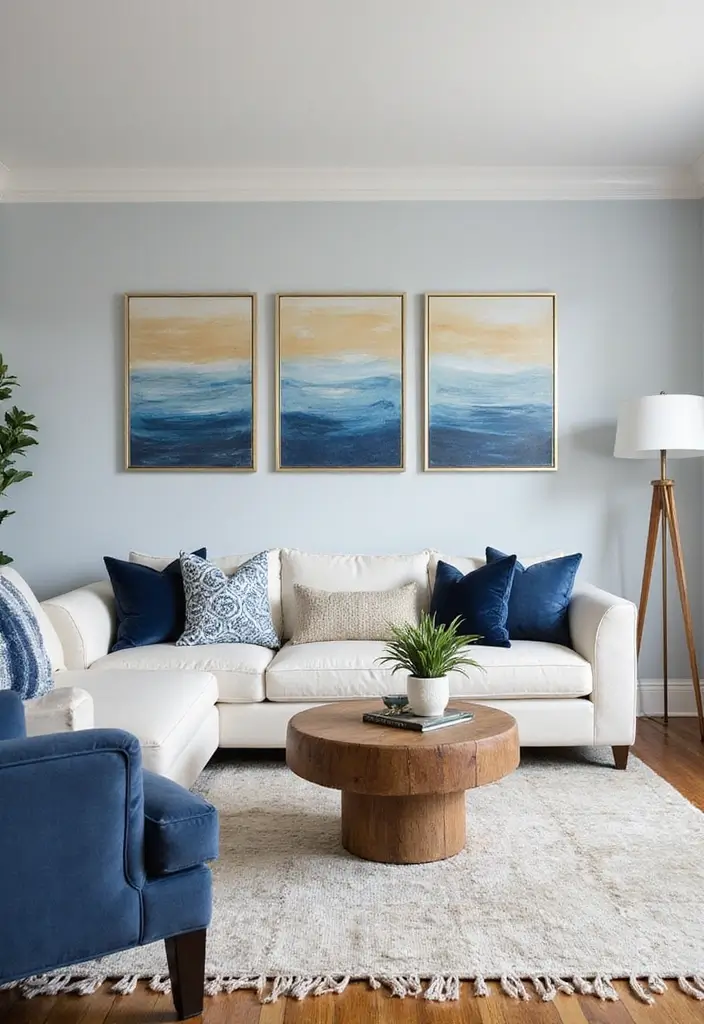 27 Blue White and Gold Living Room Ideas That Feel Elegant and Bright - 23. Personalized Art Pieces