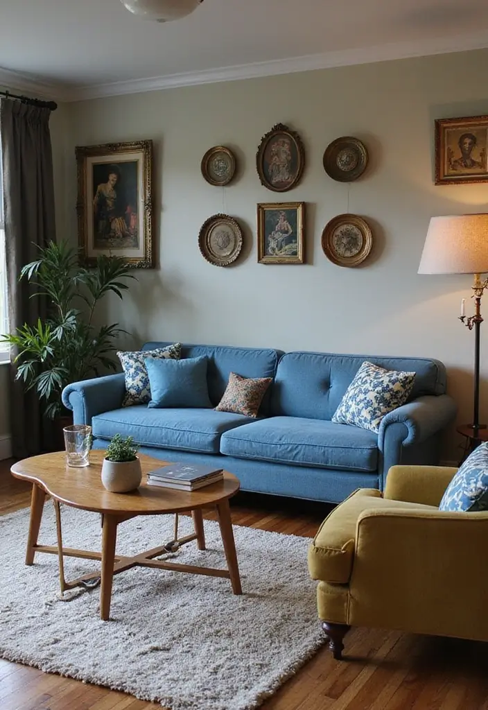 27 Blue White and Gold Living Room Ideas That Feel Elegant and Bright - 24. Vintage Finds